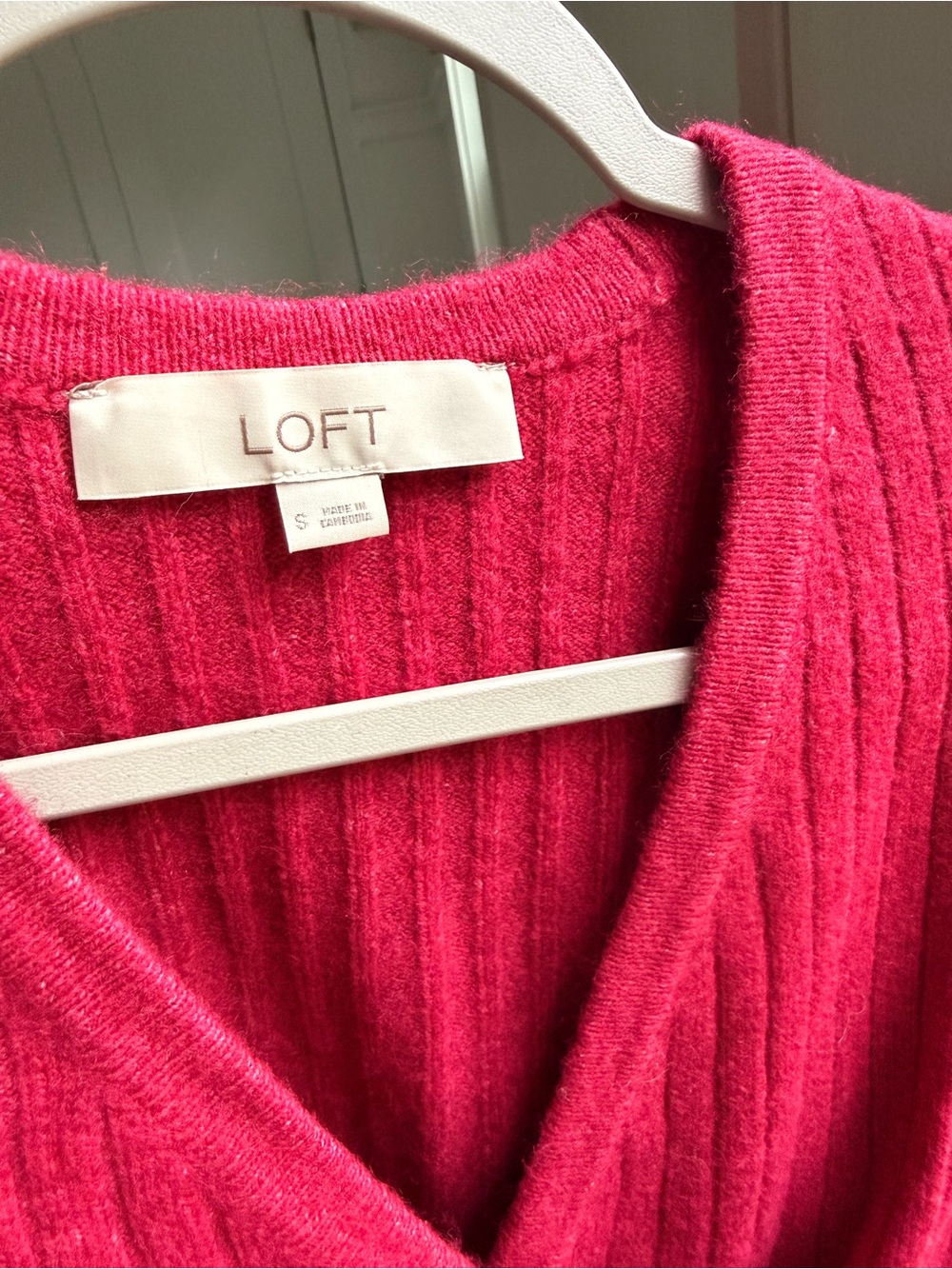 LOFT Women's Deep Raspberry Faux Wrap Ribbed Sweater - Picture 2 of 3